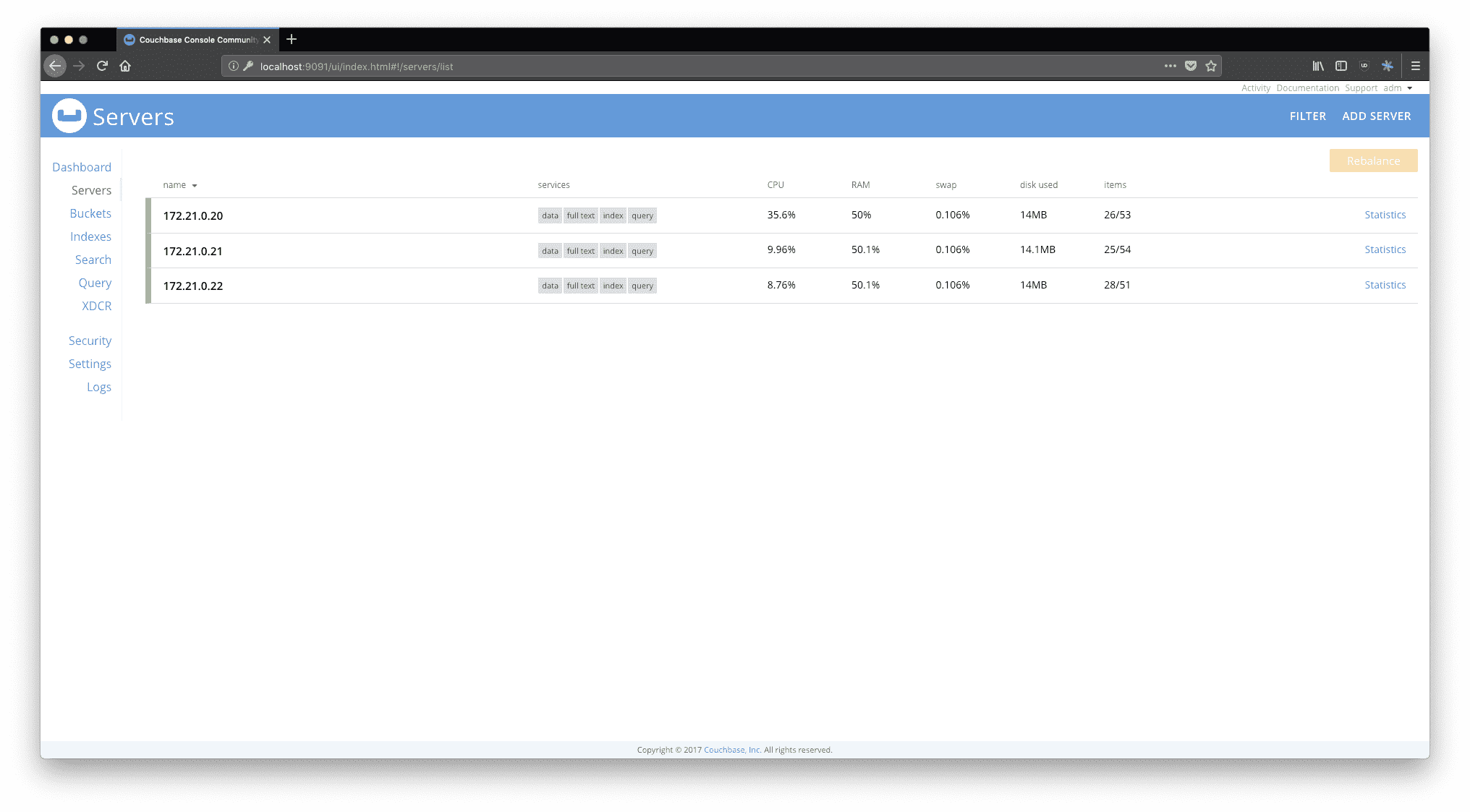 Couchbase web interface.