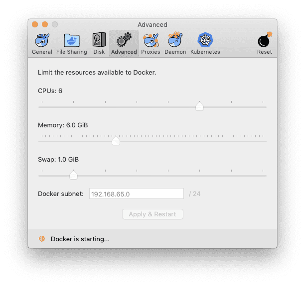 Docker for Mac settings.